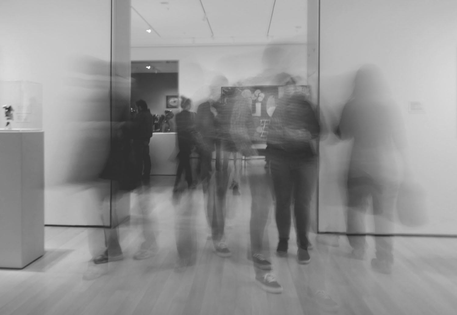 Visitors moving through a gallery exhibition. Studio Willis.