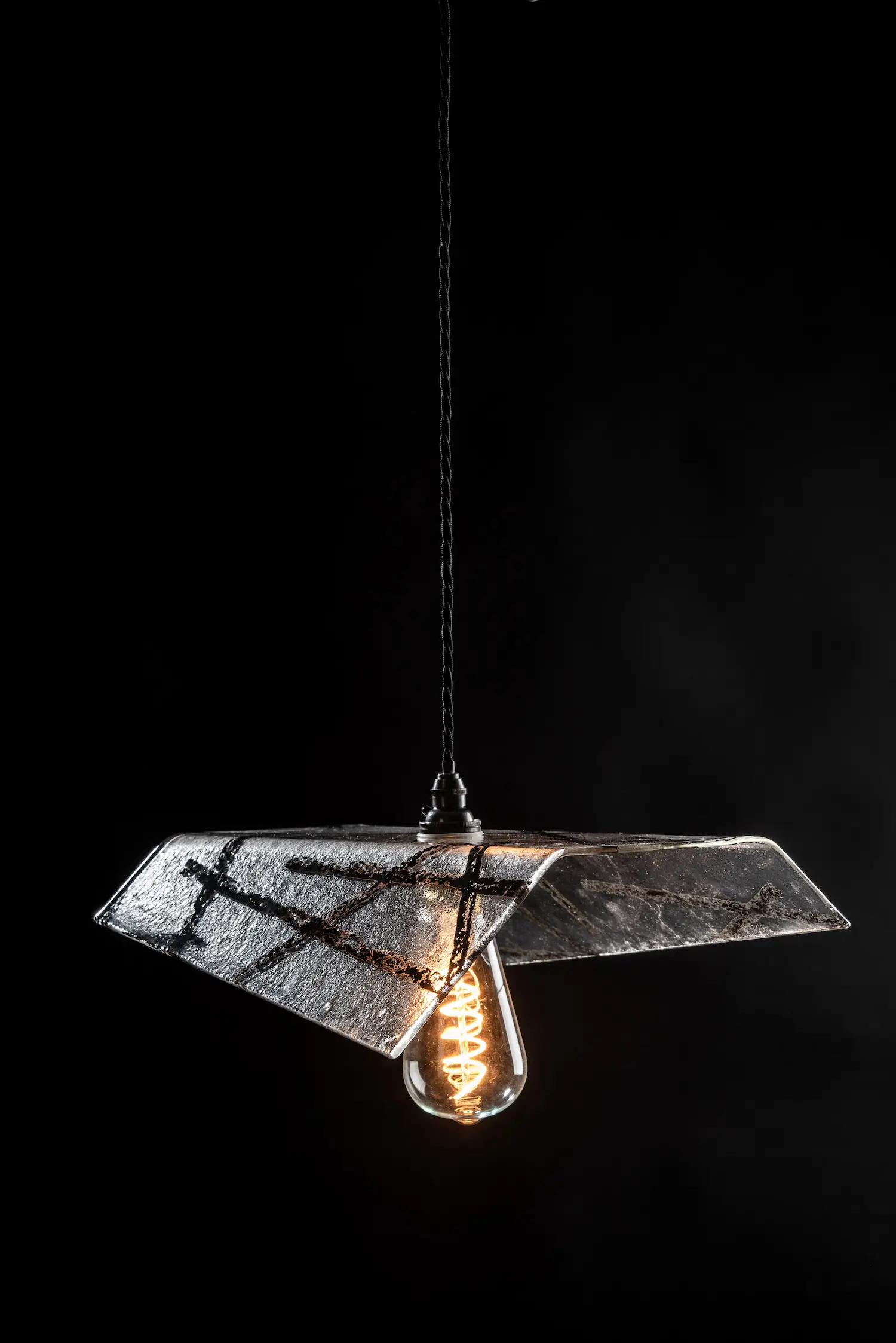 Single Pendant — Fritz Fryer Lighting, single folded screen printed glass pendant with filament bulb. Studio Willis.