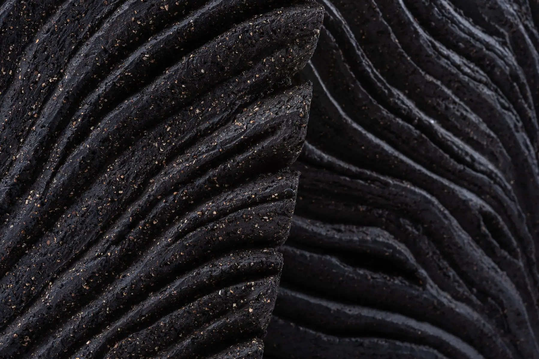 Close Up — Ribbons of Memory, close up of the carved surface texture on hand-built black stoneware. Studio Willis.